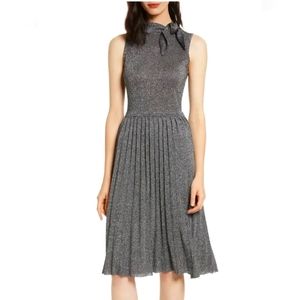 Kate Spade Black Silver Metallic Bow Knot High Neck Knit Sweater Pleated Dress